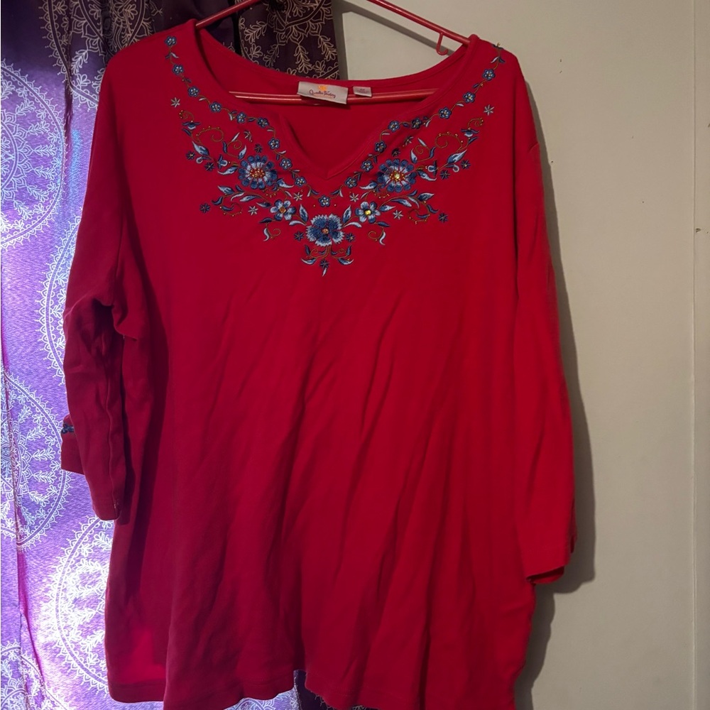Quacker Factory Red Blouse with Blue Embroidery